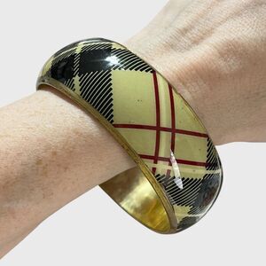 VTG Brass Bracelet Bangle Plaid Resin Metal Gold Tone Wide Chunky Prep  Jewelry